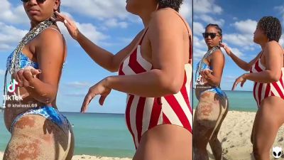 Two dark-skinned brunettes grind clits in a hotel after a beach day with a tattooed man joining - yesvids.com