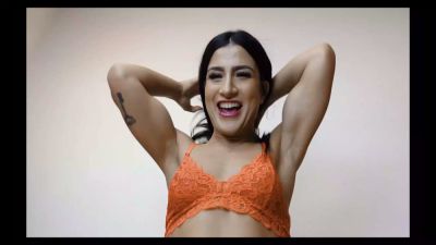 Amateur Latina in orange lace bra flaunts her big ass and tits on the couch - yesvids.com