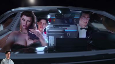 Curvy brunette teases in backseat during late-night ride with blonde and suited man - yesvids.com
