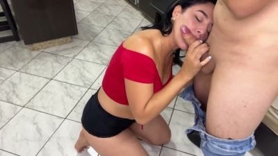 Curvy woman in red top and lace lingerie teases before taking him deep on the couch - yesvids.com