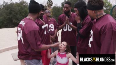 College cheerleader takes on the entire rival football team in gangbang audition - yesvids.com