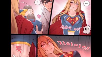 Blonde superheroine in blue and red costume appears in digital comic panel with surprised man - yesvids.com