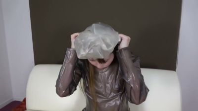 Japanese woman in shiny PVC dress explores breathplay and self-bondage on white leather couch - yesvids.com - Japan