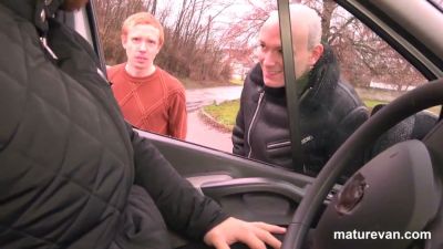 Mature blonde enjoys oral pleasure in the backseat wearing black heels and lingerie - yesvids.com