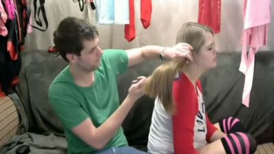 Young blonde lets him pull her long hair during an intimate webcam moment - yesvids.com