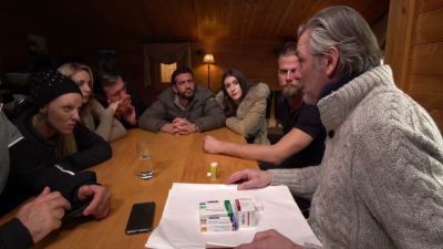 Blonde in leopard lingerie and stockings serviced by three men in a French alpine lodge - yesvids.com - France