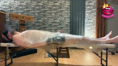 Bound and blindfolded man wrapped in plastic endures edging and teasing - yesvids.com
