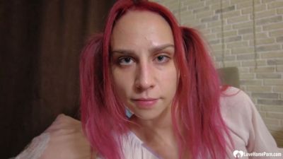 Redhead in pigtails plays with herself in sheer top and lace panties - yesvids.com