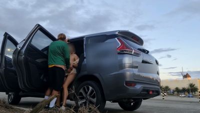 Young Filipina spills creampie during outdoor car sex in roadside parking - yesvids.com