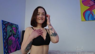 Brunette Miss PussyCat's first time with a giant dildo and a mysterious stranger on the couch - alphaporno.com