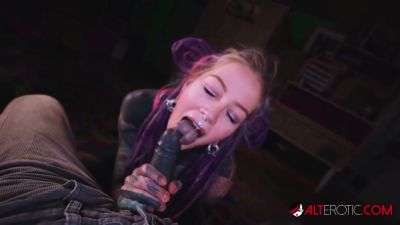 Tattooed woman with purple dreadlocks gives oral to a dark-skinned man in POV - yesvids.com