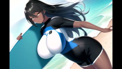 Curvy anime heroine strikes sultry beach poses in tight swimsuit - yesvids.com