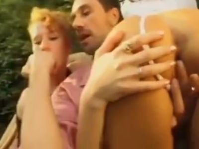 Mature blonde takes anal from her partner while two women join in the garden - yesvids.com