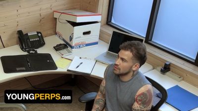 Bearded security chief dominates two tattooed submissives in a private office session - yesvids.com