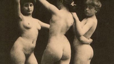 Three hairy lesbians pose together in vintage sepia style - yesvids.com