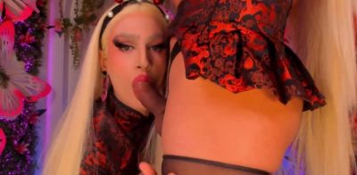 Sexy Blonde Tranny Sucks Thick Cock Hungrily - ah-me.com