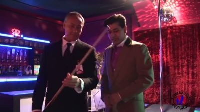 Blonde with big breasts takes on two men in a neon-lit lounge - yesvids.com