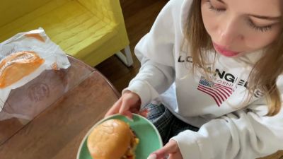 Russian woman in hoodie goes from burger to handjob and facial in the kitchen - yesvids.com - Russia