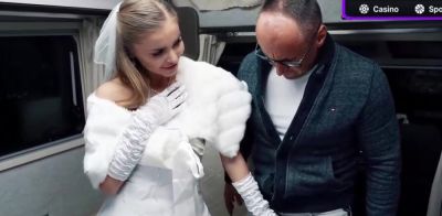 Cheating light-haired bride in white lace underwear joins gang-bang inside a van with blowjob - ah-me.com