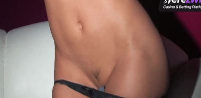 A naked dark haired adult girl enjoys solo double invasion while wanking on a white sofa - ah-me.com