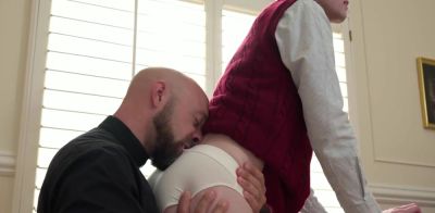 Bald Priest Roughly Fucks Altar Boy on Church Couch - ah-me.com
