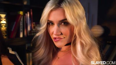 Blonde Skye and her dark-haired lover entwine in passionate lesbian acts across velvet and library - yesvids.com