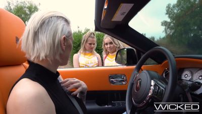 Two blonde cheerleaders pleasure each other with a double dildo on the couch - yesvids.com