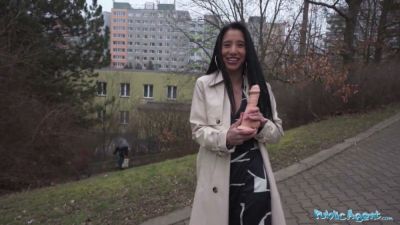 Asian woman deep-throats a realistic dildo on a public pathway - yesvids.com