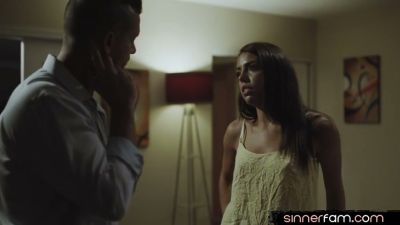 Dark-haired beauty in lace dress rides him after blowing him in dim light - yesvids.com